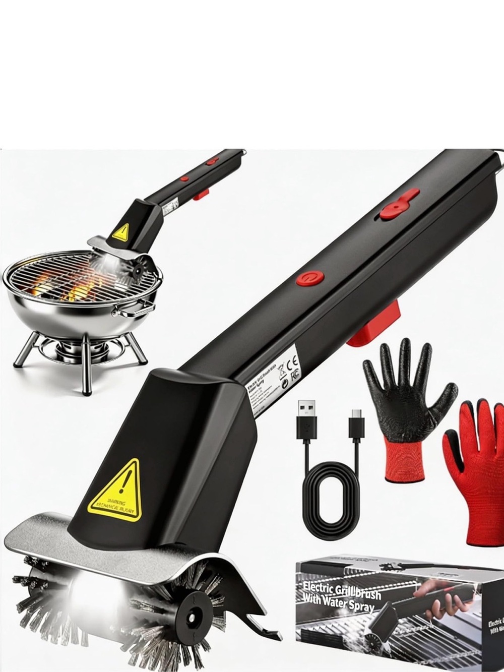 Electric Grill Brush Scrubber with Water Spray - Black